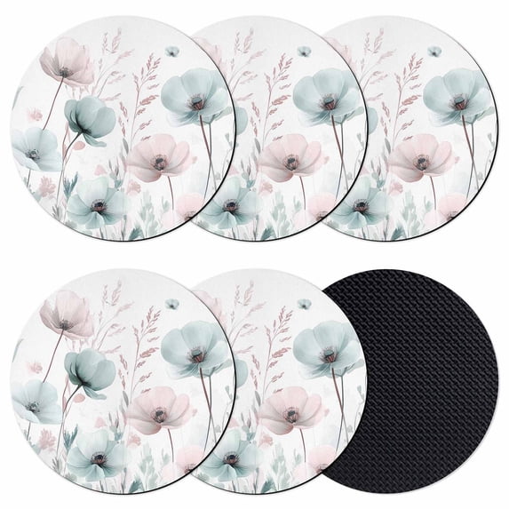 Teal Pink Spring Floral Coasters Set of 6, Summer Botanical Watercolor Absorbent Coasters for Drinks, Coaster for Bar Office Dining Coffee Table Accessories Decor, Non Slip Round Desk Coaster