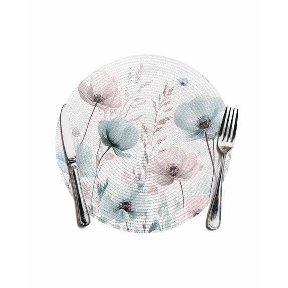 Teal Pink Spring Floral Round Placemats for Dinning Tables,Heat-proof Braided Table Mats 13 Inch,Summer Botanical Watercolor Washable Place Mat for Kitchen Restaurant Party Decor Table Setting