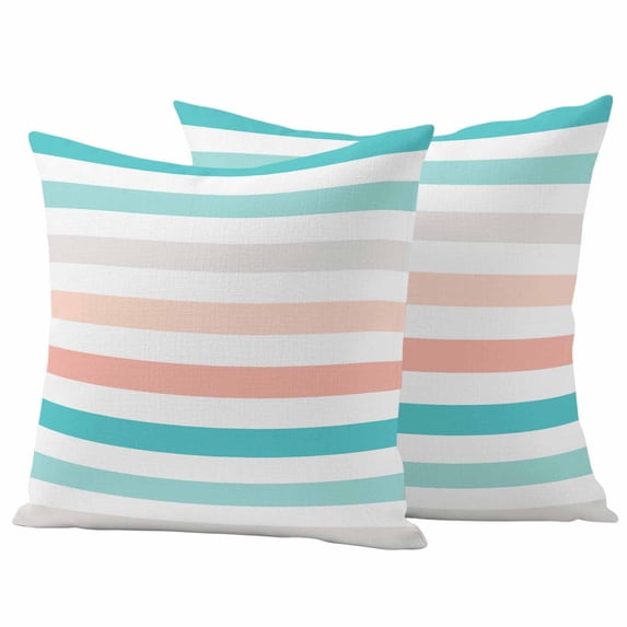 Teal Pink Striped Outdoor Waterproof Pillow Covers, Farmhouse Stripes Simple Art Decorative Square Throw Pillowcase Sofa Cushion Sham for Patio/Couch/Chair, 24"x24" 2 Pack