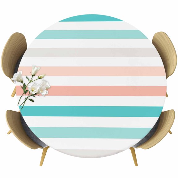 Teal Pink Striped Round Tablecloth, Fitted Table Cover with Elastic for 36"-44" Round Tables, Farmhouse Stripes Simple Art Table Cloth Outdoor Indoor Dinning Party Waterproof Tablecloths