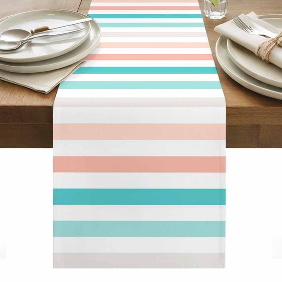 Teal Pink Striped Table Runner - 70 Inch Long, Kitchen Dining Table Runner Dresser Scarves, Farmhouse Stripes Simple Art Farmhouse Decor for Coffee Tables Wedding Party Banquet