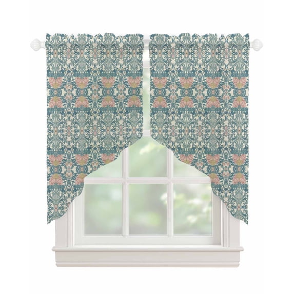 Teal Pink Swag Valances for Windows, Vintage Floral Watercolor Boho Ethnic Rod Pocket Sheer Valances for Large Windows, Swag Toppers Light Filtering for Kitchen Living Room 2 Panels 36''x45''