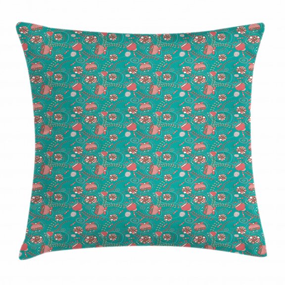 Teal and Pink Throw Pillow Cushion Cover, Abstract Flowers with Pink and White Dots Swirls Little Leaves, Decorative Square Accent Pillow Case, 24 X 24 Inches, Teal Pale Pink and White, by Ambesonne
