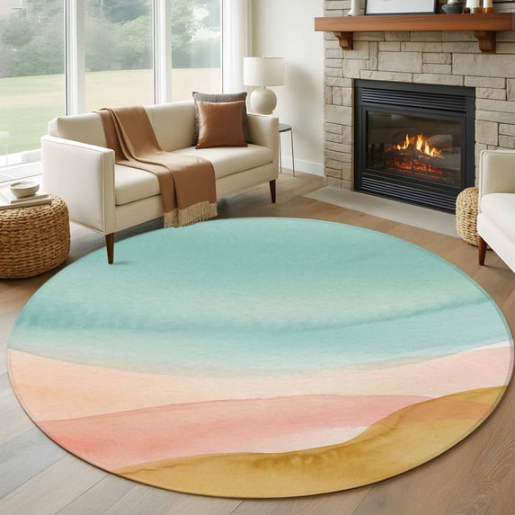 Teal Pink Yellow Ombre Round Area Rug 7Ft Washable Circle Rugs for Dorm Laundry Room, Summer Beach Coastal Gradient Non-Slip Carpet Floor Mats Indoor Outdoor Carpet Runner Aesthetic Home Decor