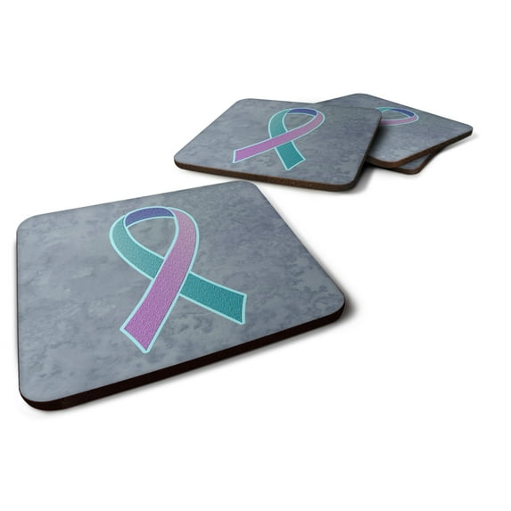 Teal Pink and Blue Ribbon for Thyroid Cancer Awareness Foam Coaster Set of 4