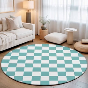 Teal Plaid 3' Round Rug for Bathroom Accent Bedside Corner, Modern Checkerboard Plaid Repeating Pattern Washable Non Slip Circle Area Rug for Small Spaces for Living Room