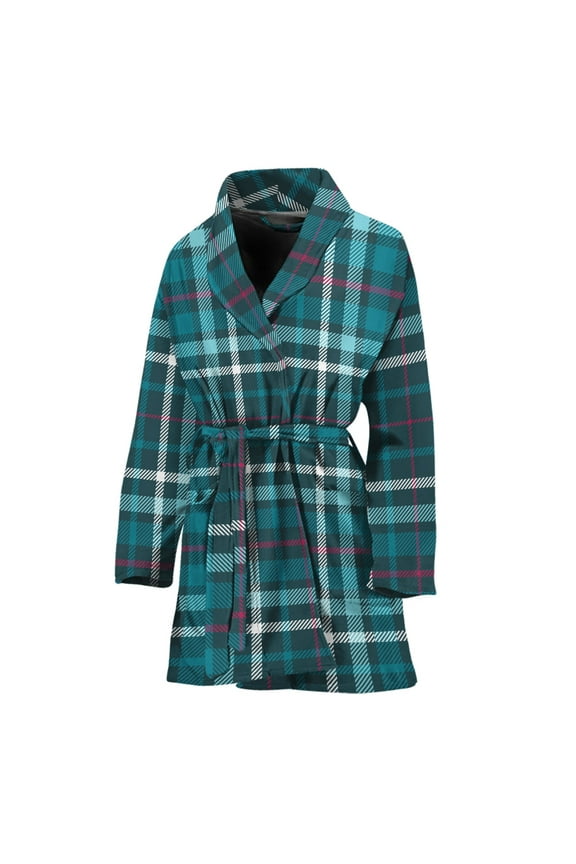 Teal Plaid Pattern Women Bathrobe One Size Univeral Fits, Checkered Caro Plaid Tartan Fashion Lightweight Plush Fleece Long Robe For Women