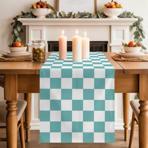 Teal Plaid Table Runner 13x48 Inch Modern Checkerboard Plaid Repeating Pattern Cotton Linen Dining Table Runner Ideal for Dresser Kitchen Coffee Tables - Machine Washable