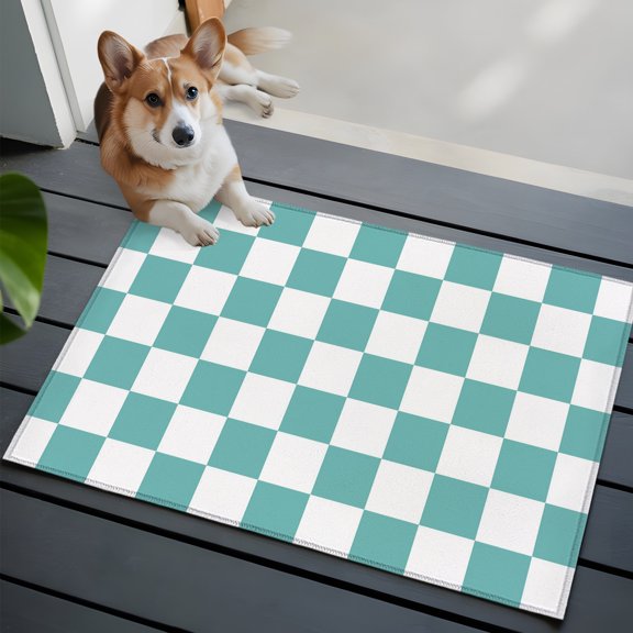 Teal Plaid Washable Entry Rug 2x3 Modern Checkerboard Plaid Repeating Pattern Low Pile Indoor Door Mat with Rubber Backing Thin Area Rug for for Entrance, Bedroom, Kitchen, Laundry, Bathroom
