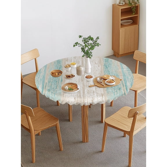 Teal Planks Round Fitted Tablecloth with Elastic Edge, Mediterranean Vertical Wood Grain Waterproof Stretch Table Covers for 45"-54" Tables Wipeable Table Cloth for Outdoor