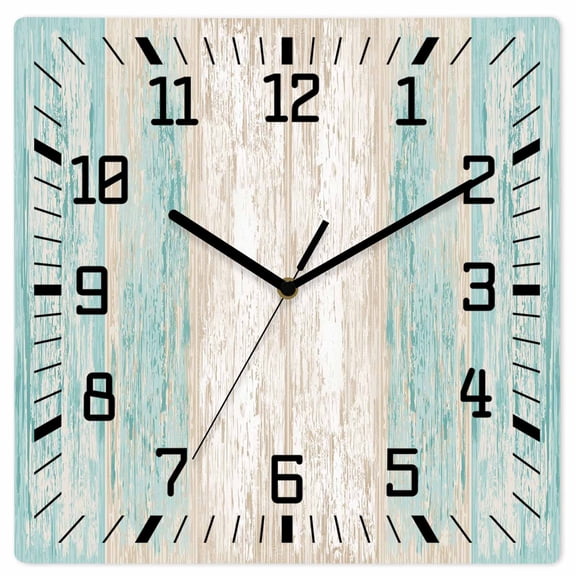Teal Planks Wall Clock Mediterranean Vertical Wood Grain 12 Inch Wooden Wall Clock Silent Non Ticking Wall Clocks Quartz Battery Operated Square Clock for Living Room Bedroom Home Office
