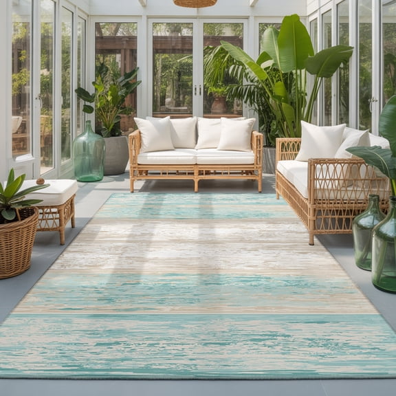 Teal Planks Washable Living Room Rugs 8'x10', Mediterranean Vertical Wood Grain Washable Throw Large Area Rug Non-Slip Sturdy Edge Binding Carpet for Bedroom Dining Room Office
