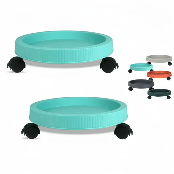 Teal Plant Caddy with Casters, Set of 2 13 Inch Round Sturdy Plastic Rolling Dolly Stand for Indoor Outdoor Potted Flowers