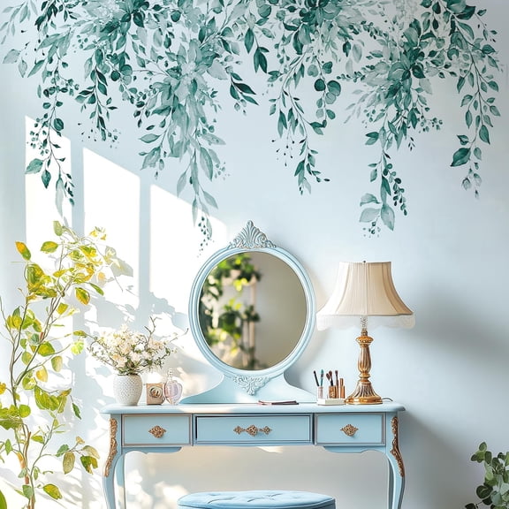 Teal Plants Leaves Wall Decals Peel and Stick, Large Floral Flowers Vinyl Wall Stickers, Removable Vine Home Decor Art for Bedroom Living Room Classroom Office