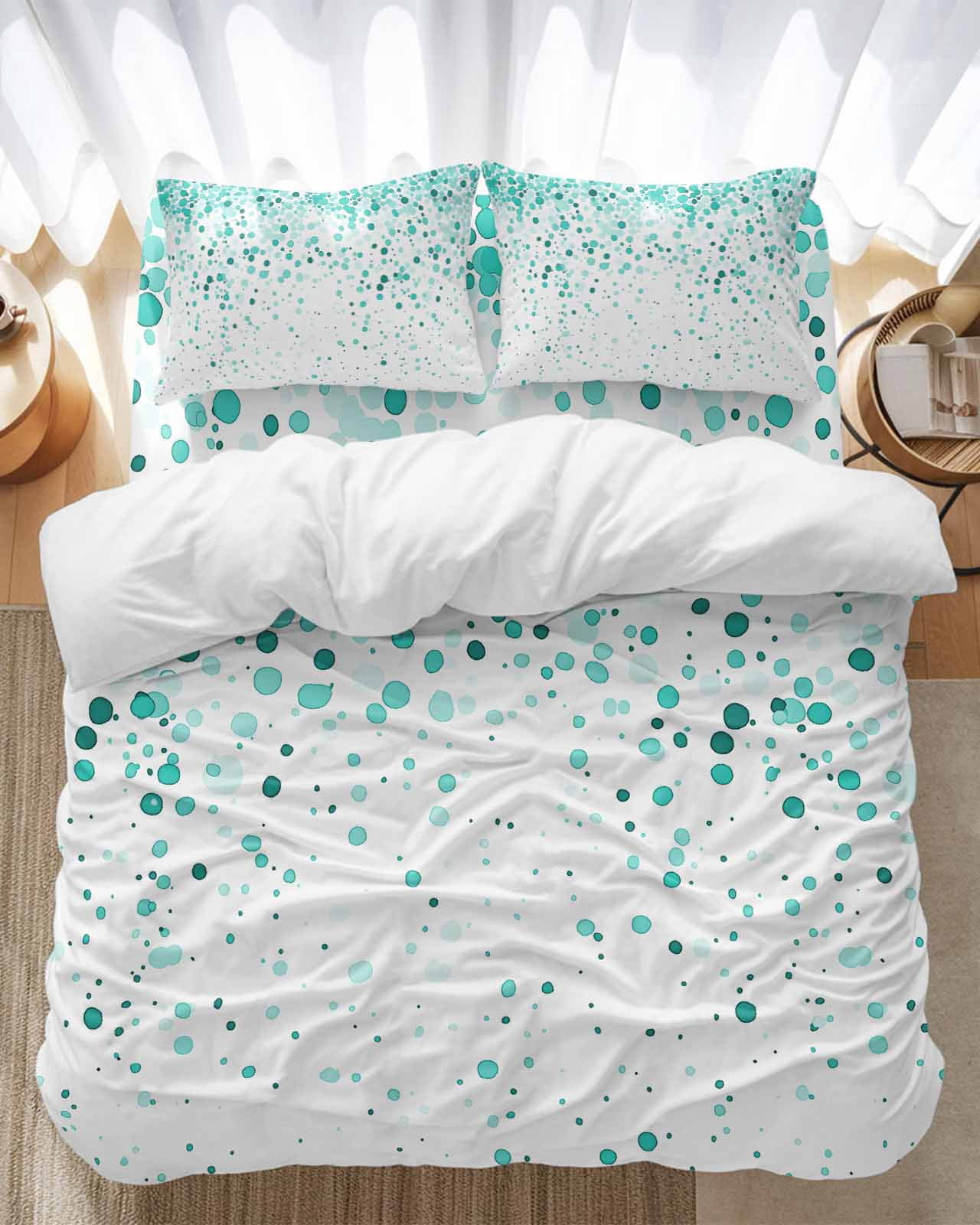 Teal Polka Dot Bedding Duvet Cover Set Queen Size 4 Pieces Watercolor Teal Gradient Abstract Modern Bedding Set with Zipper Closure, 1 Comforter Cover 90x92 Inches 1 Flat Sheet & 2 Pillow Cases