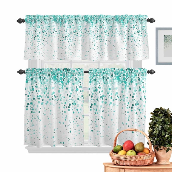 Teal Polka Dot Kitchen Curtains Valances 3 Piece Set, Watercolor Teal Gradient Rod Pocket Tier Curtain and Valance Drapes for Small Window 36 Inch Length for Bedroom Cafe