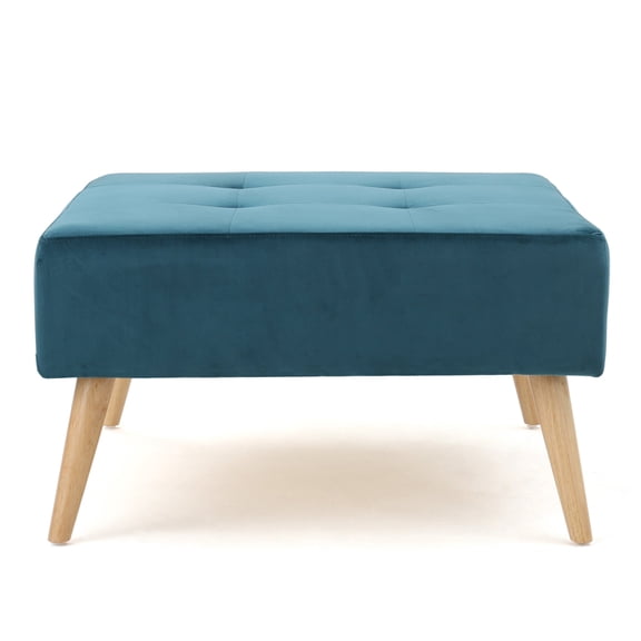 Teal Polyester Blend Velvet Square Tufted Ottoman Solid Birch Leg Mid Century Multi Use Seat Side Table
