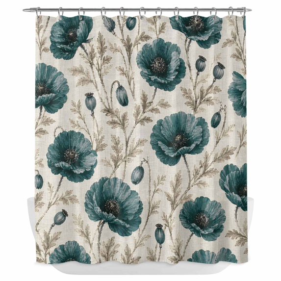 Teal Poppy Floral Shower Curtain - Water Repellent Fabric Shower Curtains Washable, Vintage Botanical Flowers Aesthetic Decorative Polyester Cloth Bathroom Curtains Modern Bath Decor 72"x72"