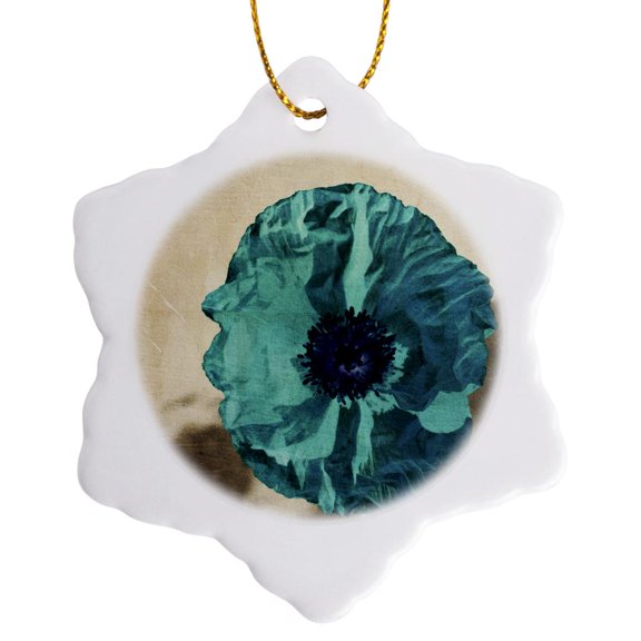 3drose, Teal Poppy- Flowers- Art- Nature, 3 inch Snowflake Porcelain Ornament