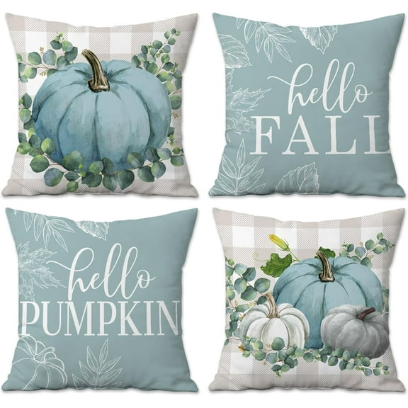 Teal Pumpkin Fall Pillow Covers 18x18, Blue Fall Decor Farmhouse, Buffalo Plaid Fall Decorations for Home,Decorative Throw Pillow Covers Set of 4 for Couch Home Patio Outdoor Thanksgiving Autumn Decor