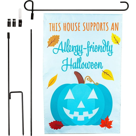 Teal Pumpkin Halloween This House Supports an Allergy Friendly Garden Flag w Lawn Pole - 12 x 18 Inches - Outdoor Weatherproof Banner, Yard Decor