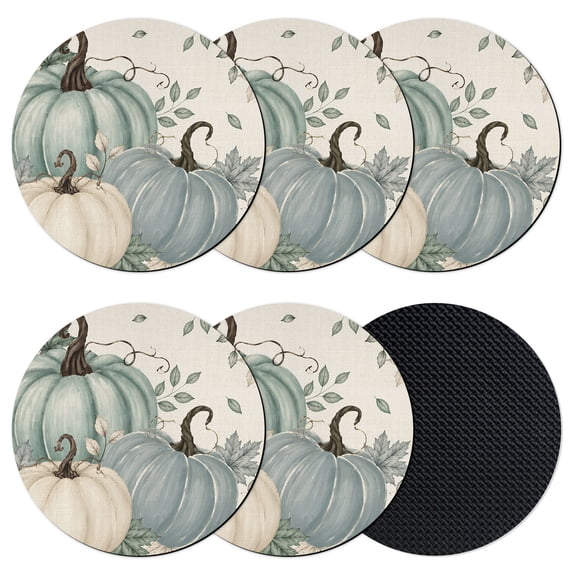 Teal Pumpkins Fall Coasters Set of 6, Absorbent Coasters for Drinks, Thanksgiving Autumn Botanical Rustic Coaster for Desk Coffee Table Protection, Home Decor House Warming Gifts 4"