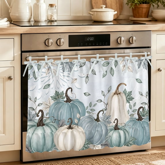 Teal Pumpkins Fall Oven Skirt for Farmhouse Kitchen Décor, Thanksgiving Autumn Leaves Blue Oven Curtain Tie Top Decorative Stove Skirt, Cabinet Dish Washer Curtains with 8 Ribbon Ties 30"x21.5"