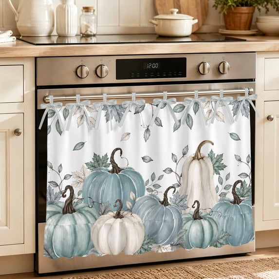 Teal Pumpkins Fall Oven Skirt for Farmhouse Kitchen Décor, Thanksgiving Autumn Leaves Botanical Oven Curtain Tie Top Decorative Stove Skirt, Cabinet Dish Washer Curtains with 8 Ribbon Ties 27"x20"