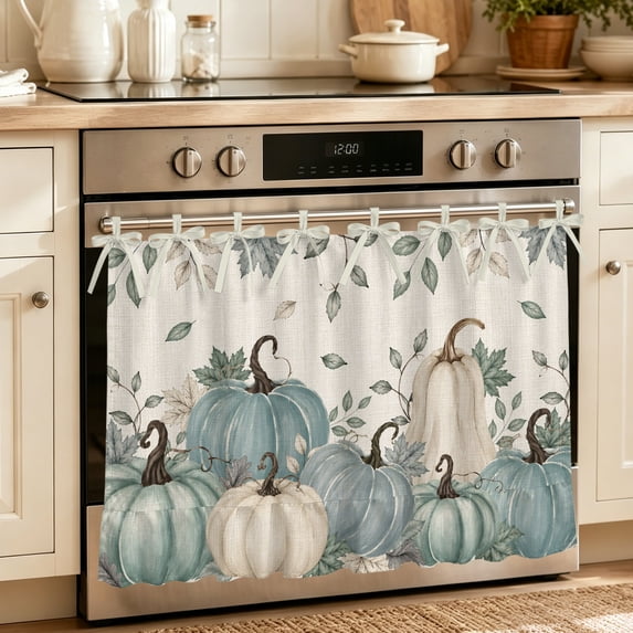 Teal Pumpkins Fall Oven Skirt for Farmhouse Kitchen Décor, Thanksgiving Rustic Autumn Leaves Oven Curtain Tie Top Decorative Stove Skirt, Cabinet Dish Washer Curtains with 8 Ribbon Ties 32"x24"