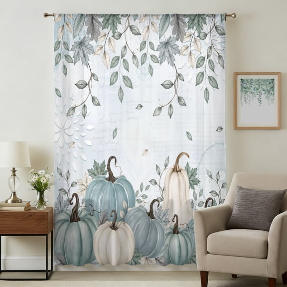Teal Pumpkins Fall Sheer Curtains 45 Inches Long, Thanksgiving Autumn Leaves Blue Light Filering Curtains, Breathable Simi Curtain Privacy Drapes for Kitchen Bathroom Small Window Treatment