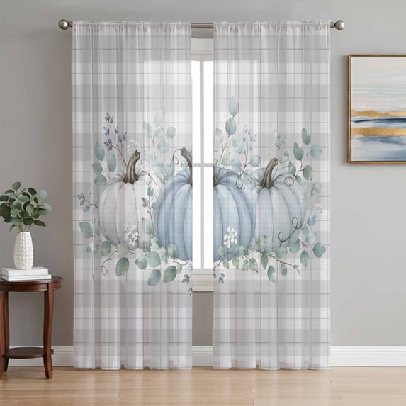 Teal Pumpkins Fall Sheer Curtains 63 Inches Long, Thanksgiving Eucalyptus Grey Checked Light Filtering Window Curtains for Living Room, Rod Pocket Voile Sheer Curtain Drapes, 52"W x 63"L, 2 Panels