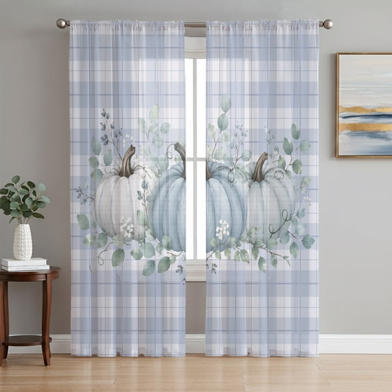 Teal Pumpkins Fall Sheer Curtains 84 Inches Long, Thanksgiving Eucalyptus Blue Checked Light Filtering Window Curtains for Living Room, Rod Pocket Voile Sheer Curtain Drapes, 52"W x 84"L, 2 Panels