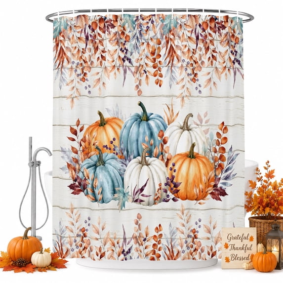 Teal Pumpkins Fall Shower Curtain, Waterproof Shower Curtains for Bathroom, Weeping Leaves Thanksgiving Wooden Washable Fabric Bathtub Curtain Set Bath Decor with 12 Hooks 48"x72"