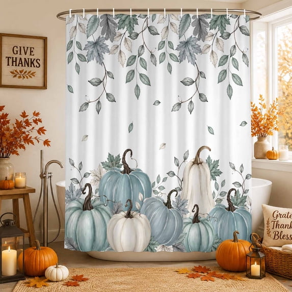 Teal Pumpkins Fall Shower Curtains for Bathroom, Thanksgiving Autumn Leaves Botanical Waterproof Fabric Shower Curtain, Decorative Bathroom Curtain for Bathtub, 72"x84", No Hooks Included