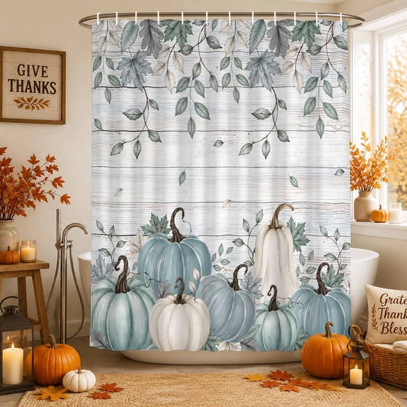 Teal Pumpkins Fall Shower Curtains for Bathroom, Thanksgiving Autumn Leaves Wood Grain Waterproof Fabric Shower Curtain, Decorative Bathroom Curtain for Bathtub, 72"x84", No Hooks Included