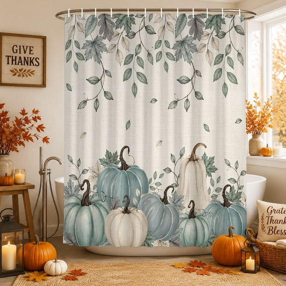 Teal Pumpkins Fall Shower Curtains for Bathroom, Thanksgiving Rustic Autumn Leaves Waterproof Fabric Shower Curtain, Decorative Bathroom Curtain for Bathtub, 36"x72", No Hooks Included