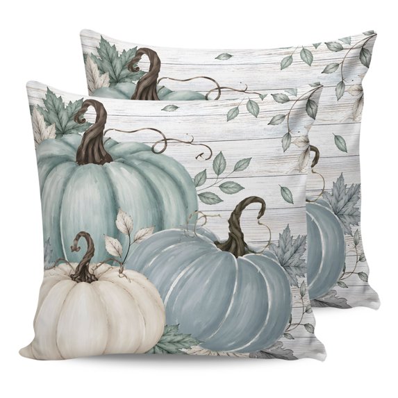 Teal Pumpkins Fall Throw Pillows 16x16 Set of 2, Thanksgiving Vintage Botanical Autumn Waterproof Outdoor Pillow Covers with Insert, Decorative Pillowcase Cushion for Couch, Sofa, Bed, Patio, Garden
