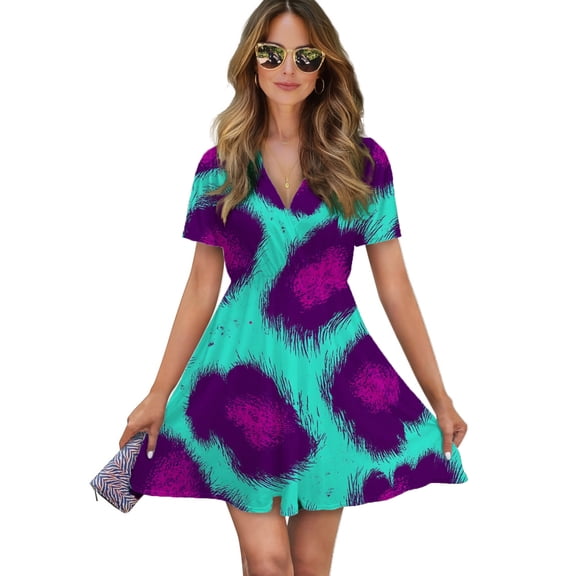 Teal Purple Animal Print Pattern Women Dress V-Neck Short Sleeve Flowy Swing Party Midi Dress