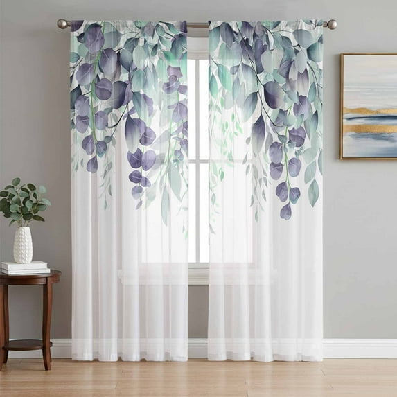 Teal Purple Botanical Semi Sheer Curtains 72 Inch Length 2 Panels Set, Eucalyptus Leaves Watercolor Spring Sheer Kitchen Curtain Privacy Voile Window Curtain for Living Room Bedroom Rod Pocket Drapes