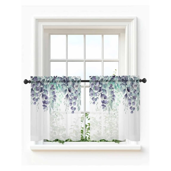 Teal Purple Botanical Tier Curtains 24 Inch Length,Sheer Curtains for Bedroom Living Room Window Eucalyptus Leaves Watercolor Spring Small Half Window Kitchen Curtains & Drapes 27.5"x24" 2 Panels