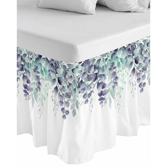 Teal Purple Botanical Wrap Around Bed Skirts for California King Bed 16" Drop,Bed Skirt with Adjustable Elastic Belt Dust Ruffle Bed Valance Eucalyptus Leaves Watercolor Spring Bed Frame Cover