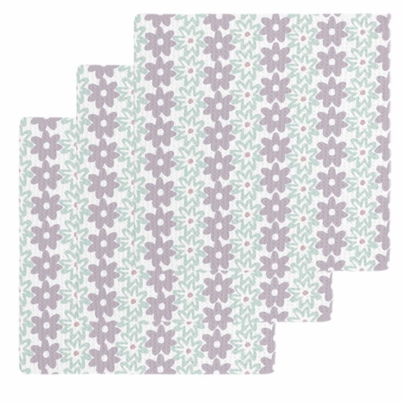 Teal Purple Floral Kitchen Dish Towels for Drying Dishes Set of 3, Modern Abstract Art Spring Flowers Waffle Weave Microfiber Hand Tea Bathroom Towels Quick Dry & Absorbent Towel 12x12