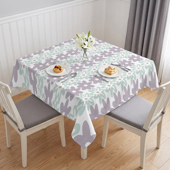 Teal Purple Floral Table Cloth Waterproof Tablecloths, Modern Abstract Art Spring Flowers Tablecloth Dining Table Cover for Kitchen Party Tabletop Outdoor, Square Tablecloth 54x54 Inch
