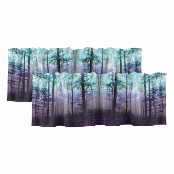 Teal Purple Forest Curtain Valances for Windows, Kitchen Valance Window Treatments Panel 2 Pack, Vintage Foggy Woods Tree Rod Pocket Short Curtains for Bathroom Bedroom 42 x 12 Inch