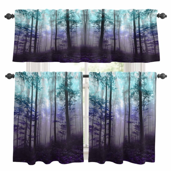 Teal Purple Forest Kitchen Curtains Sets for Windows 36 Inch Length, Vintage Foggy Woods Tree Rod Pocket Window Treatments Tier Curtains and Valances Set for Bedroom/Bathroom