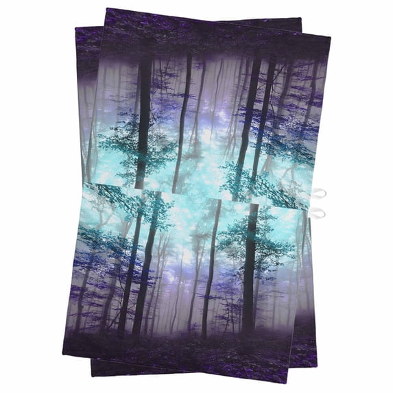 Teal Purple Forest Kitchen Towels Set of 2, Water Absorbent Dish Towel, Vintage Foggy Woods Tree Decorative Hand Towels - Quick Drying Cloth for Cooking Baking, 18x28 Inch