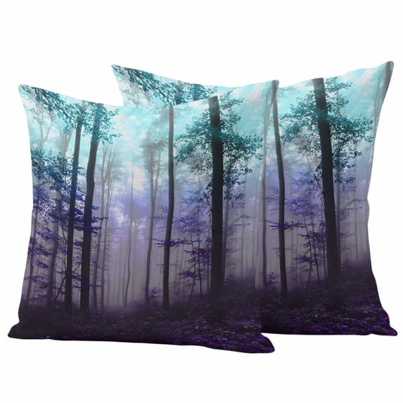 Teal Purple Forest Outdoor Waterproof Pillow Covers, Vintage Foggy Woods Tree Decorative Square Throw Pillowcase Sofa Cushion Sham for Patio/Couch/Chair, 26"x26" 2 Pack