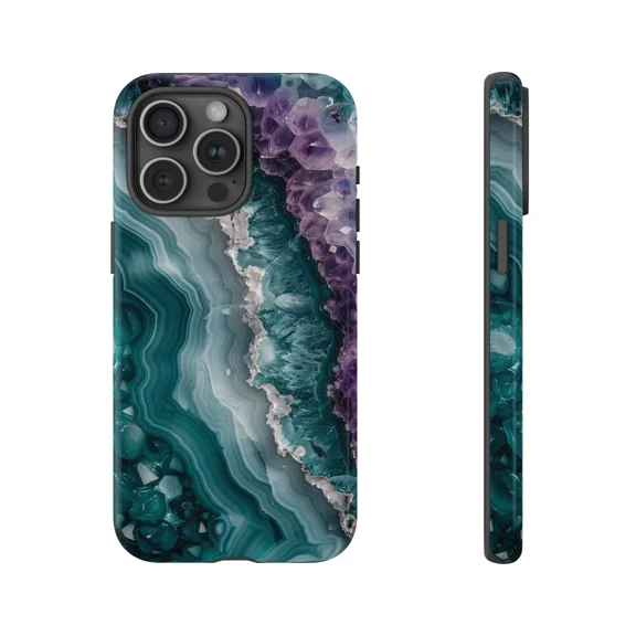 Teal Purple Geode Amethyst Stone Case for iPhone 11-17 Pro Max