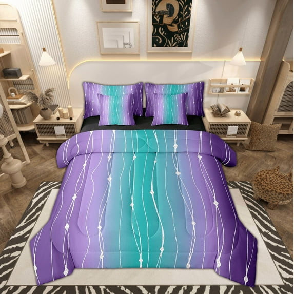 Teal and Purple Gradient Bedding Comforter Sets 7 Pieces Watercolor Ombre Bed in a Bag, Abstract Aesthetic Full Bedding Sets Wave Line and Dots Comforter Set, Geometry Bedding Sets & Collections