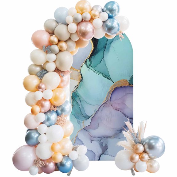 Teal Purple Marble Arch Backdrop Cover 4x1.65 Ft, Spandex Wedding Arch Stand Cover, Modern Abstract Luxury Ink Painting Round Top Stretch Fitted Background Covers for Birthday Ceremony Party Decor